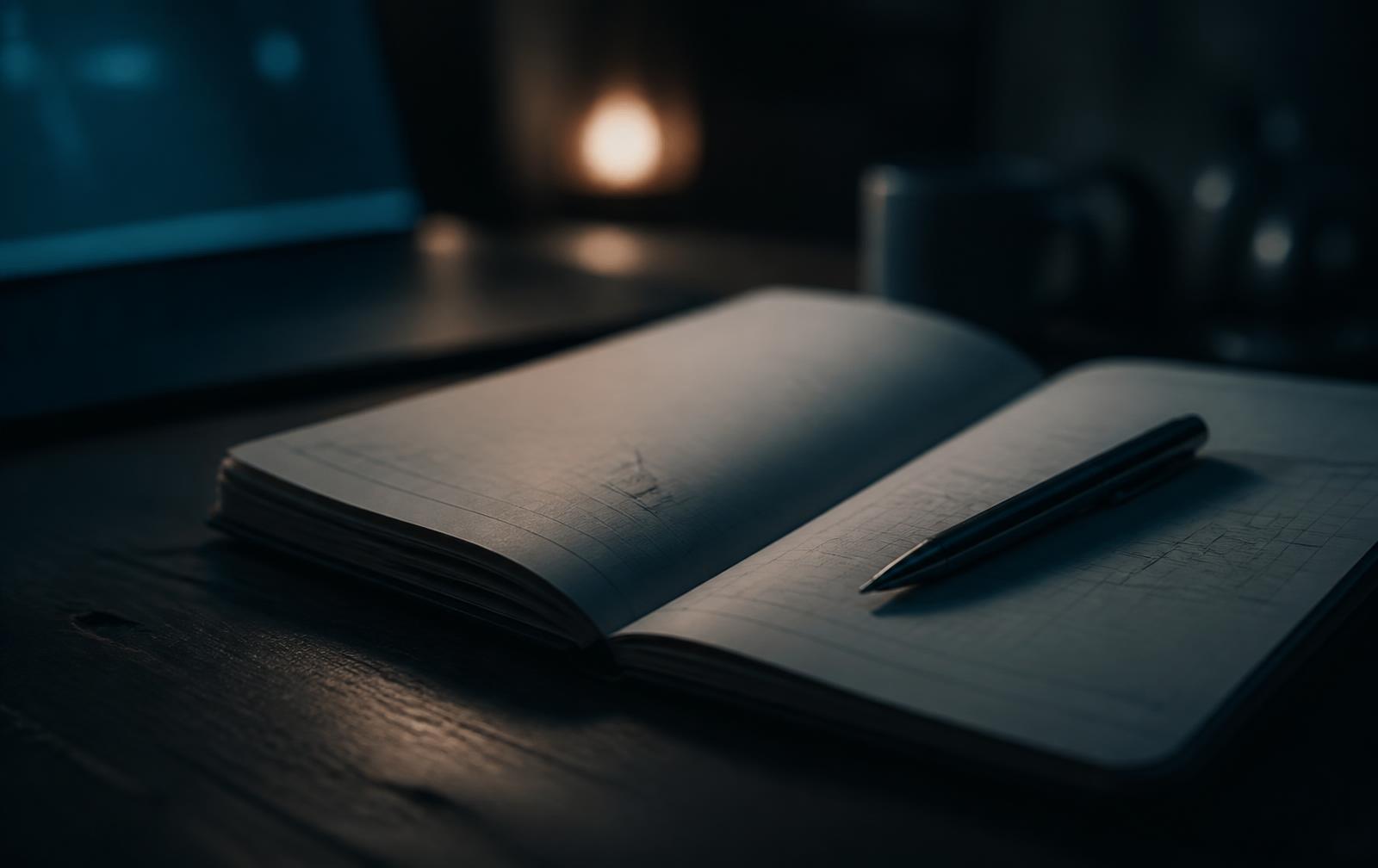 Otevřený zápisník s poznámkami a perem na tmavém stole vedle svítící obrazovky