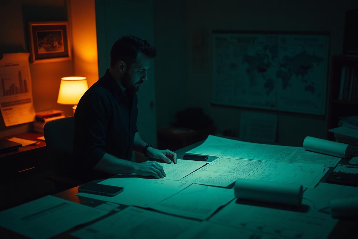 Muž u stolu s mapami a grafy ve světle lampy